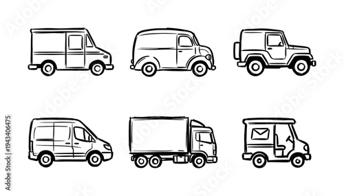 Hand-drawn black and white vehicle illustrations set featuring various commercial vans, trucks, and an off-road car in a simple doodle sketch style for transportation and delivery concepts