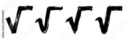 Four black hand-drawn square root symbols in a grunge brushstroke style, showcasing a collection of mathematical icons for algebra and arithmetic education concepts