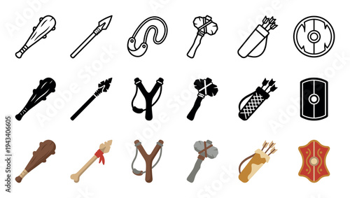 Set of primitive weapon and tool vector icons presented in outline, glyph, and colorful flat styles, including a stone axe, spear, club, shield, quiver with arrows, and a sling