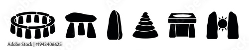 Collection of ancient prehistoric stone monument silhouettes including a stone circle, dolmen, menhir, cairn, and trilithon in a simple black graphic icon set
