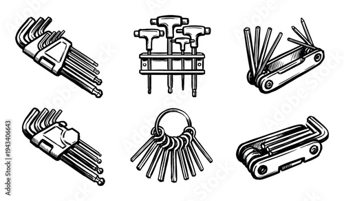 Six different types of hex wrench sets including folding, T-handle, and keyring styles, presented as a black and white line art illustration with a hand-drawn, sketchy aesthetic