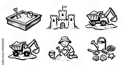 Hand-drawn black and white icon set of summer beach toys and a child playing in the sand, including a sandcastle, sandbox, dump truck, bucket, and shovel in a simple sketch style