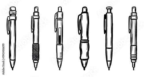 Collection of six hand-drawn pens and mechanical pencils in a black and white sketch style, showcasing various designs with clips, grips, and erasers for office or school supplies