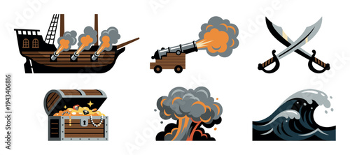 Collection of pirate themed vector icons showing a galleon, firing cannon, crossed swords, treasure chest, explosion, and ocean wave in a flat graphic illustration style