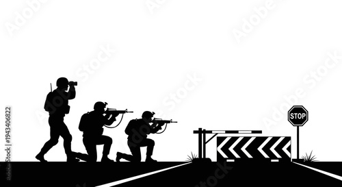 Military Soldiers Guarding Roadblock with Stop Sign and Barrier