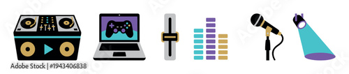 Set of colorful entertainment media icons featuring a DJ turntable, gaming laptop, audio fader, equalizer, microphone, and spotlight in a flat graphic illustration style