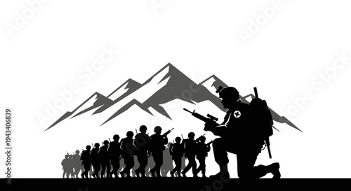 Military Soldiers Marching in Formation with Mountains Silhouette Background