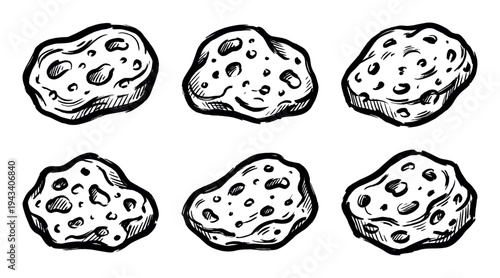 Set of six hand-drawn asteroids with craters in a rough sketch style, featuring bold black ink outlines and hatching for a graphic, comic book look