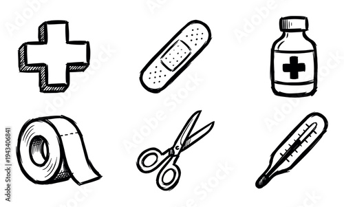 Set of six hand-drawn medical icons including a cross, bandage, medicine bottle, tape, scissors, and thermometer in a rough, sketchy doodle style for first aid concepts