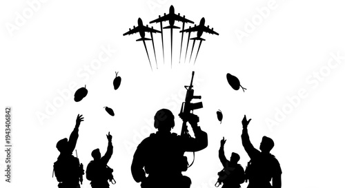 Military Soldiers Salute Airplanes Formation Flying Overhead