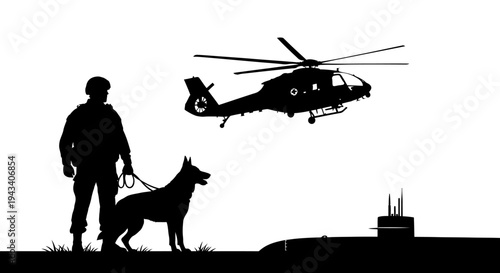 Military Special Forces Soldier with Dog, Helicopter, and Submarine Silhouette