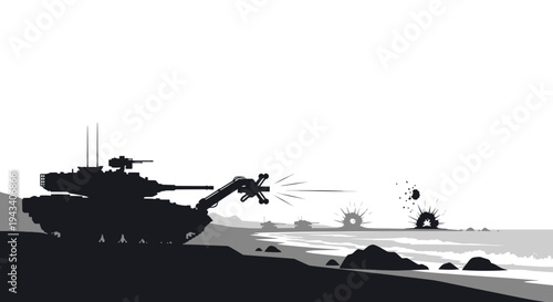 Military Tank Fires Shells on Beach During Amphibious Assault, Explosions in Water