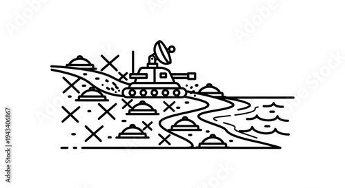 Military Tank with Satellite Dish on Hillside Near Water and Mines