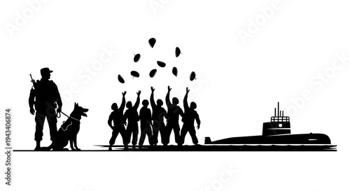 Military team with dog and submarine celebrating success, throwing hats in the air