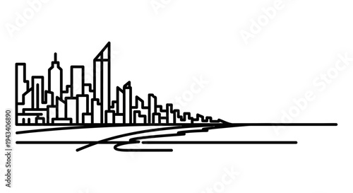 Minimalist Skyline Cityscape Line Art - Modern Urban Architecture and Coastal View