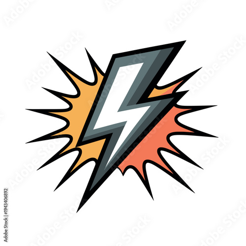 A cartoon lightning bolt with colorful explosion effects on a white background