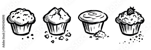 Set of four hand-drawn muffins in a black ink sketch style showing various toppings, including a berry, chocolate chips, and a simple swirl on different baked goods