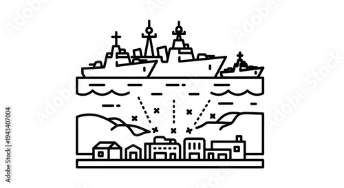 Naval fleet bombards coastal city with missiles, war and conflict concept