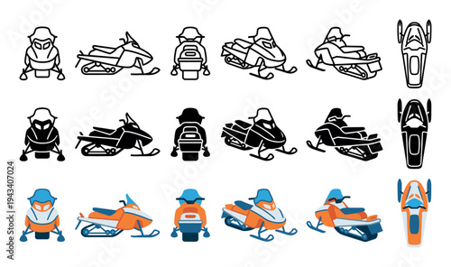 Collection of snowmobile vector icons shown in line, glyph, and flat color styles from various perspectives including front, side, top, and isometric views for winter sports