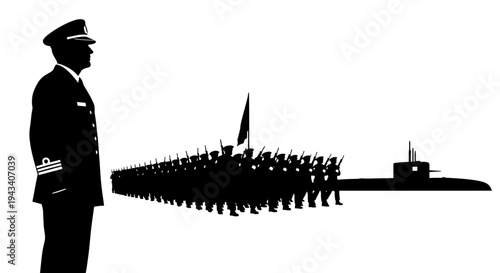 Naval Officer Inspects Submarine Crew Parade in Silhouette