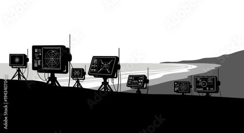 Navigational Radar Displays Arrayed on Shoreline Facing Ocean Waves