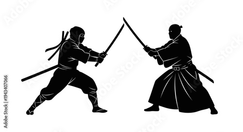 Ninja vs Samurai Silhouette: Epic Sword Fight Battle