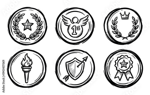 Set of six hand-drawn award icons in a black sketch style, featuring symbols of victory like a laurel wreath, star, crown, torch, shield, and first place badge