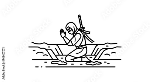 Ninja praying on knees with sword on back, minimalist line art, peaceful moment