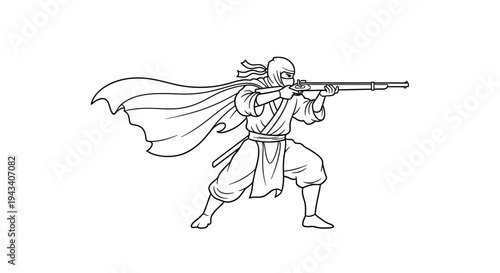 Ninja Warrior Aiming Rifle with Flowing Cape