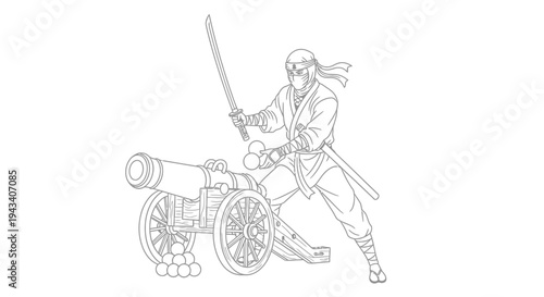 Ninja Warrior with Katana and Cannonballs, Ready for Battle