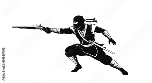 Ninja Warrior with Sword in Dynamic Action Pose, Black and White Silhouette