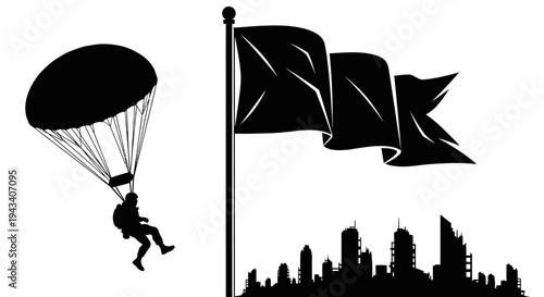 Parachutist descending over cityscape with waving flag, black silhouette