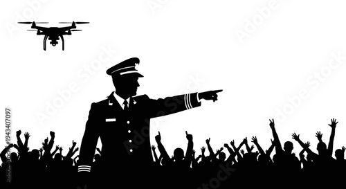 Officer Directing Drone Surveillance Over Excited Crowd