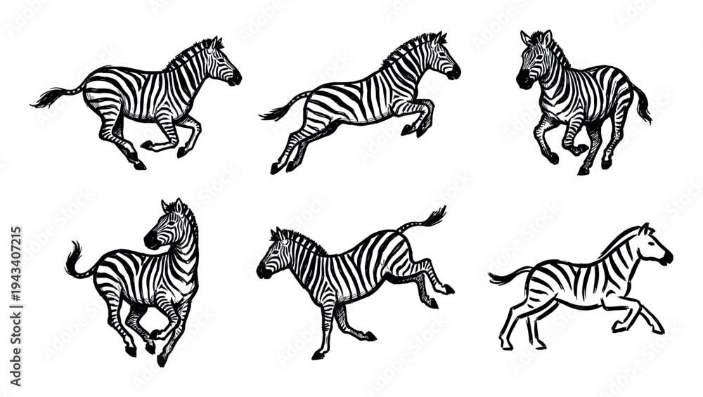 Obraz premium Set of six hand-drawn zebras in various dynamic running and jumping poses, depicted in a bold black and white graphic ink sketch illustration style for a wildlife concept
