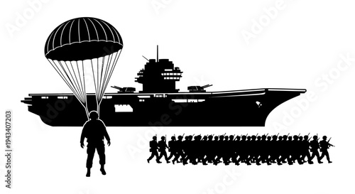 Paratrooper Landing Beside Aircraft Carrier with Marching Soldiers Silhouette