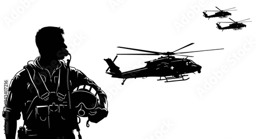 Pilot Silhouette with Attack Helicopters Flying in Formation