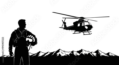 Pilot Silhouette with Helicopter Over Mountains - Adventure and Aviation