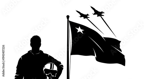 Pilot Silhouette with Flag and Fighter Jets Flying Over