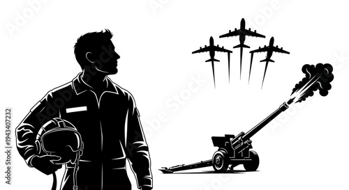 Pilot Silhouette, Fighter Jets, and Cannon Firing - Military Power and Air Force Concept