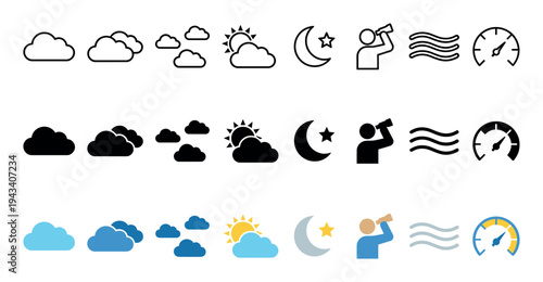 Collection of weather and astronomy icons presented in three distinct styles including thin line, solid black silhouette, and simple flat color for various forecast concepts