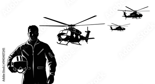 Pilot with Helicopters Silhouette