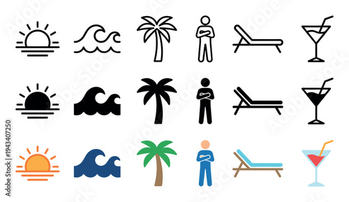 Collection of summer vacation icons presented in three distinct styles: line art, solid glyph, and flat color, featuring a sun, wave, palm tree, person, lounger, and cocktail
