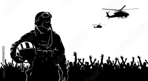 Pilot with Helmet and Helicopters Flying Over Cheering Crowd Silhouette