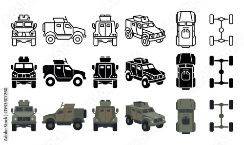 Armored military vehicle icon set collection in line, silhouette, and flat color styles, showing front, side, top, rear, and isometric views with a chassis schematic