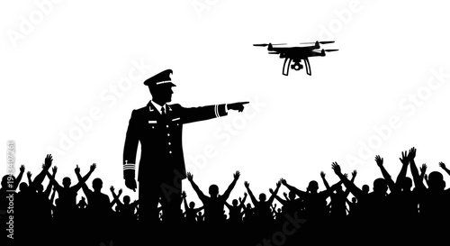 Police Officer Directs Drone Over Crowd, Surveillance Concept