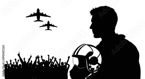 Pilot with Jet Planes and Cheering Crowd Silhouette