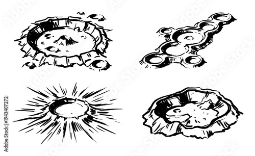 Four black and white ink brush illustrations of cosmic craters, depicting planetary surface impacts, explosions, and astronomical collision events in a graphic sketch style