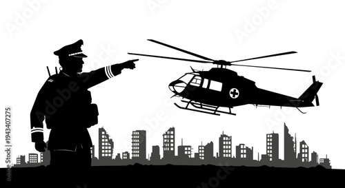 Police Officer Directs Medical Helicopter Over City Skyline Silhouette