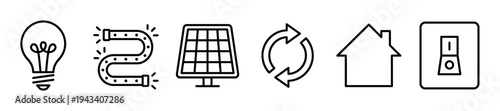 Six black line art icons representing electricity and renewable energy concepts, including a light bulb, solar panel, house, and power switch in a minimalist style