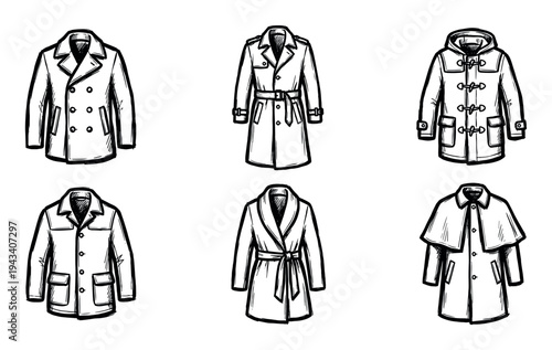 Collection of six different classic outerwear coats, including a trench, duffle, and peacoat, rendered in a bold black and white hand-drawn sketch illustration style
